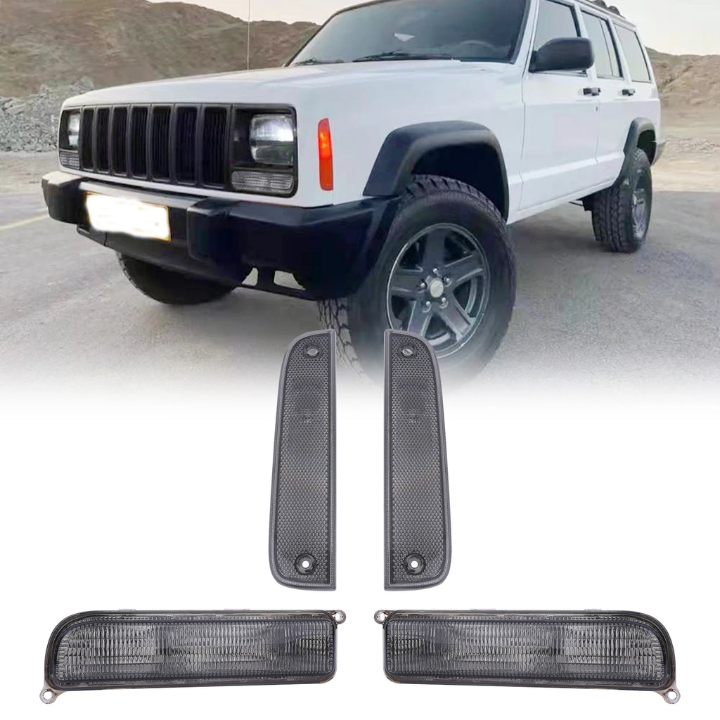 Azumka Jeep 97-01 XJ Signal Lights - COMBO Smoke Bumper Turn Signal + Corner Side Marker Lamps Set (Left +...
